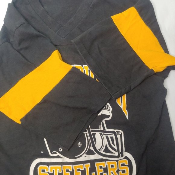 Vintage Pittsburgh Steelers Medium T Shirt Single Stitch Black V Neck Stripe NFL - Picture 3 of 8